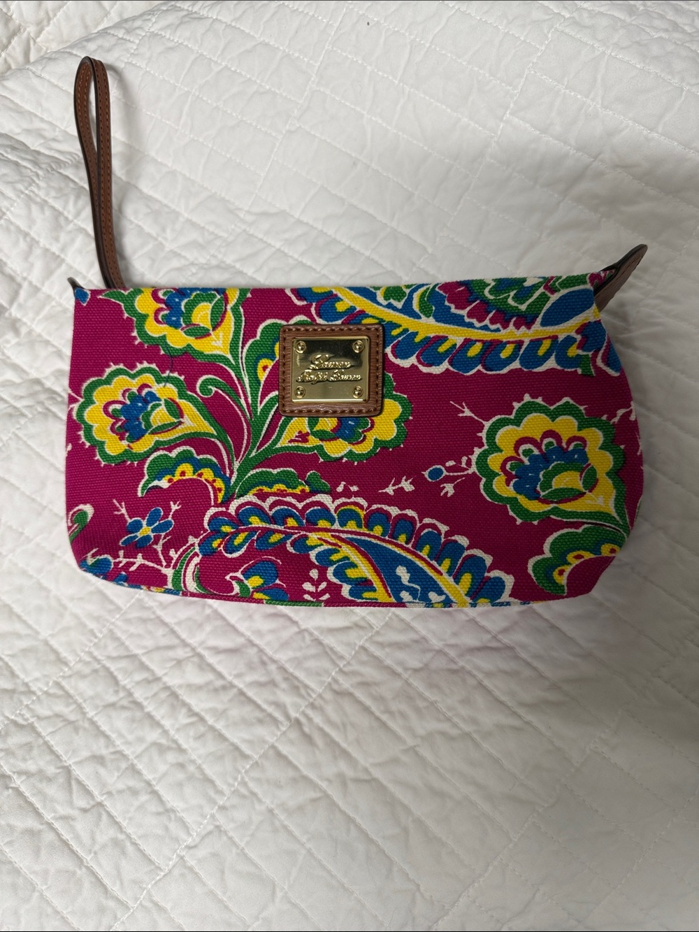 Ralph Lauren, Newberry canvas Magenta Floral Canvas Wristlet with Gold Pl